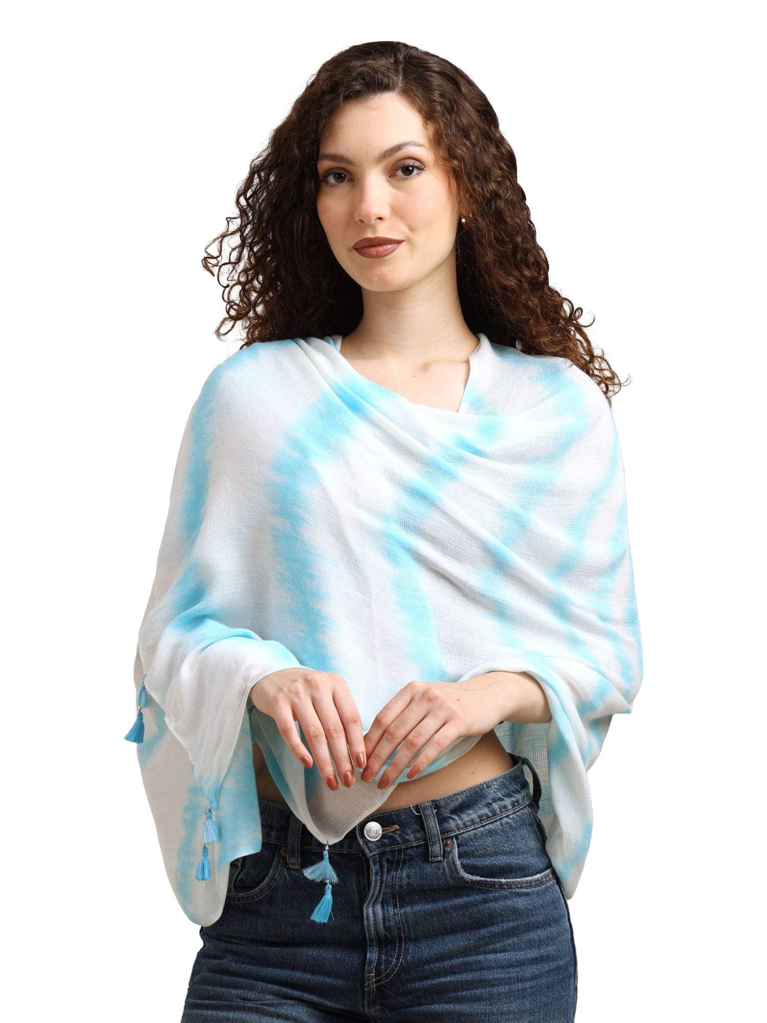 Women’s White & Aqua Tie-Dye Lightweight Scarf with Tassels
