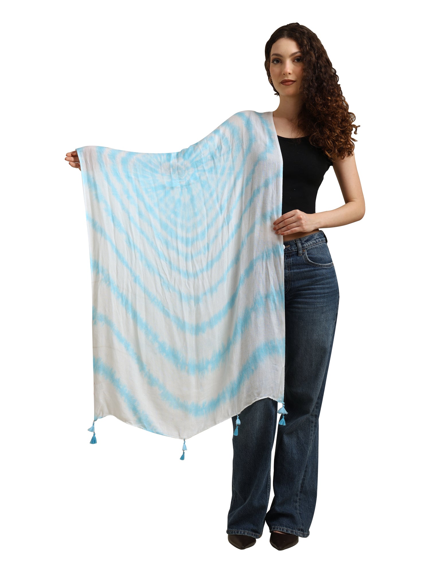 Women’s White & Aqua Tie-Dye Lightweight Scarf with Tassels