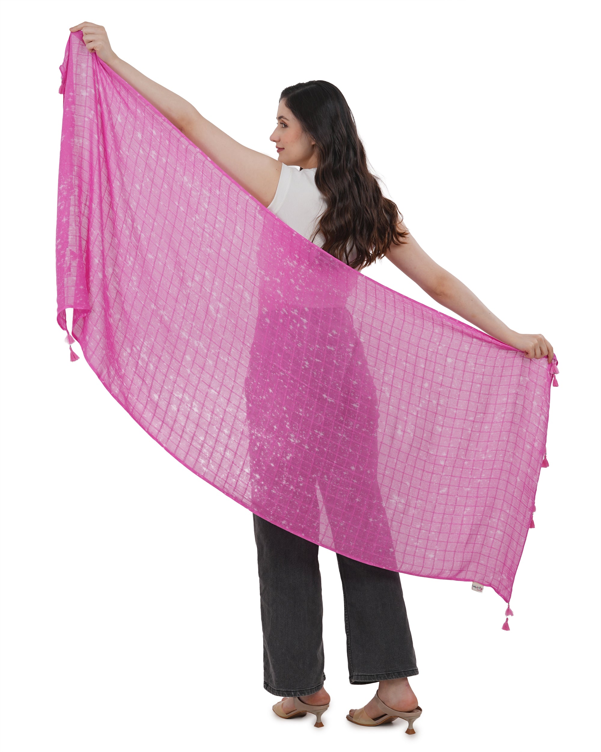 Elegant Mauve-Pink Grid Pattern Cotton Scarf