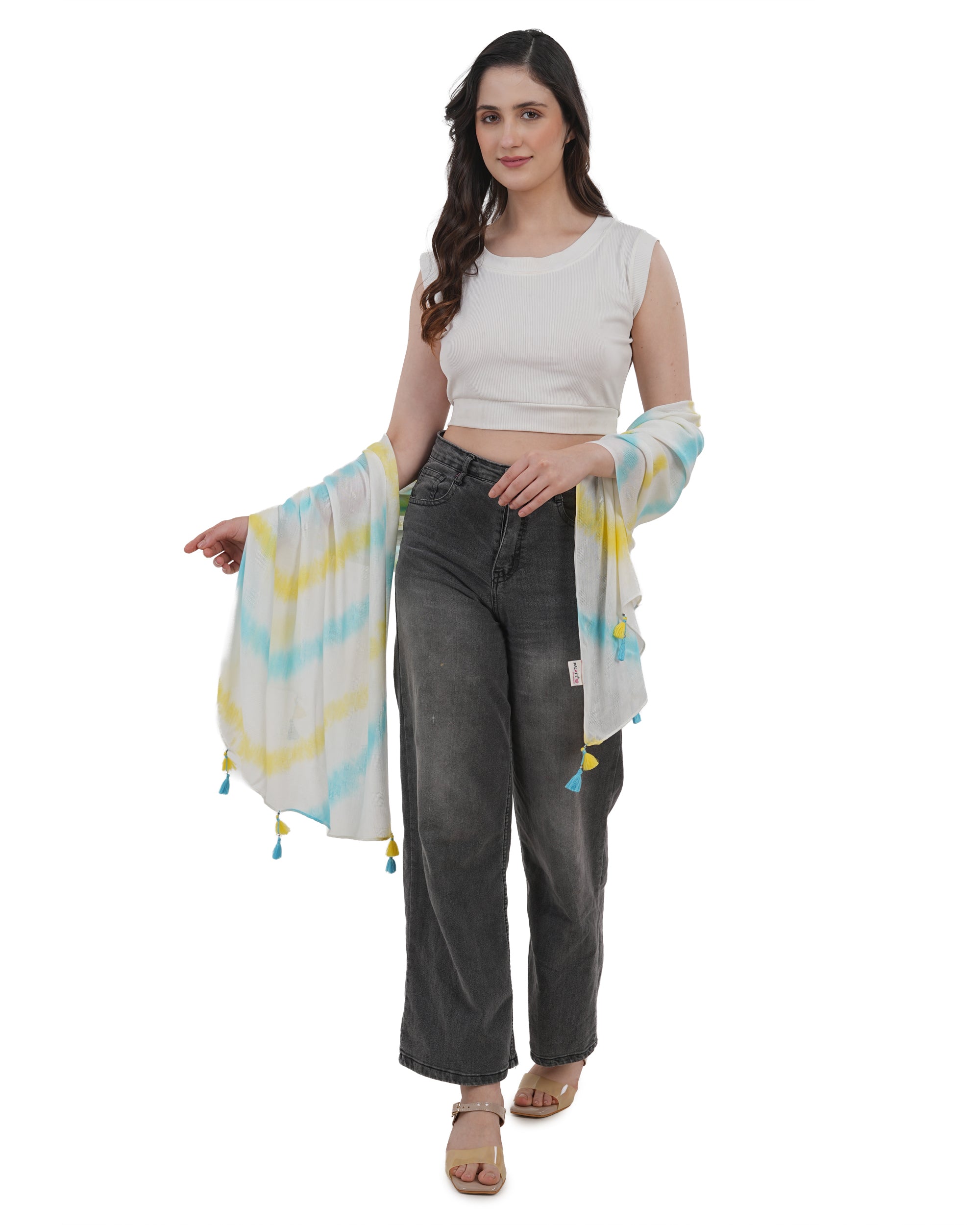 Sun-Kissed Sky Tie-Dye Cotton Scarf in Yellow, Cyan, and White