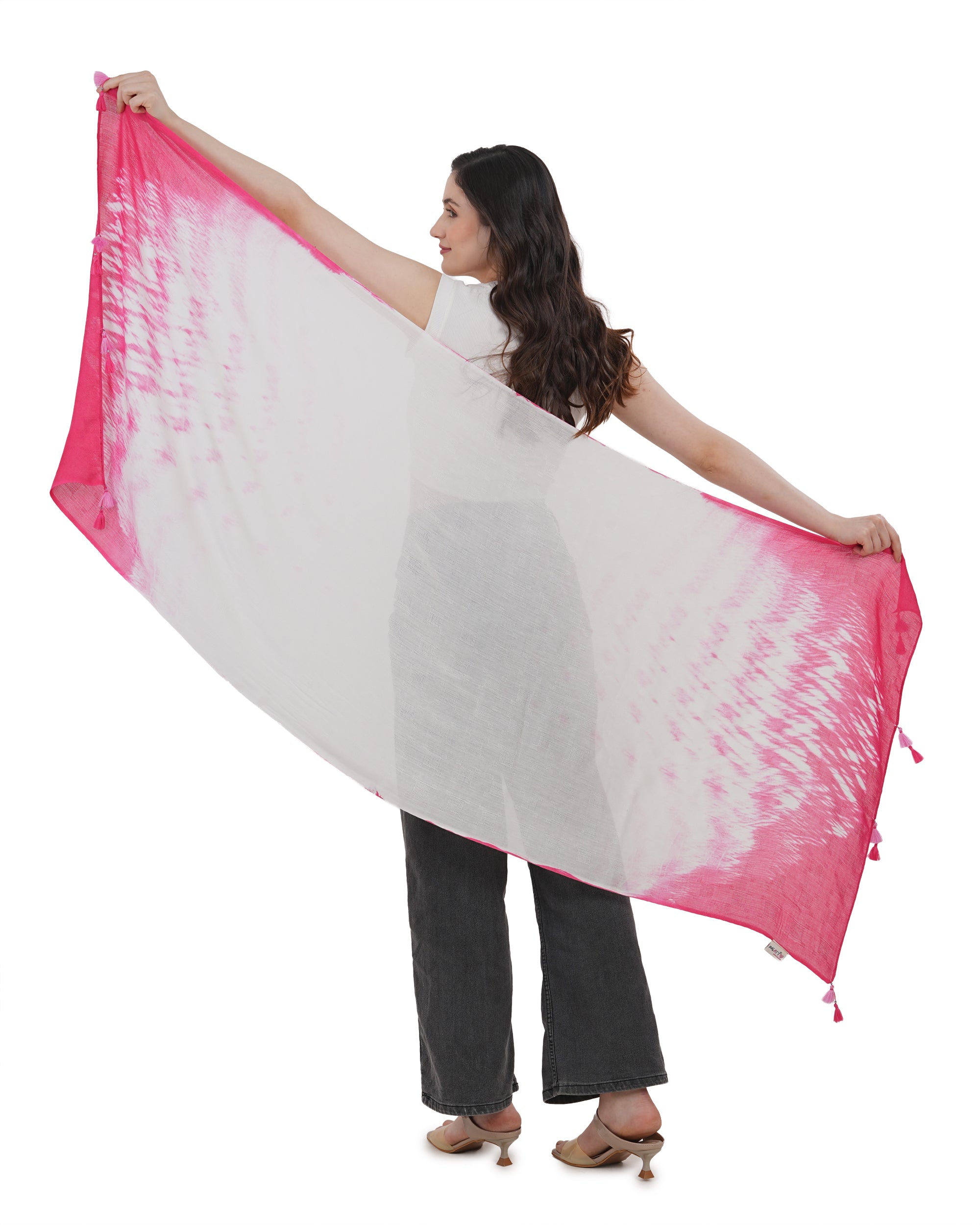 Vibrant Ombre Tie-Dye Cotton Scarf in Fuchsia and White