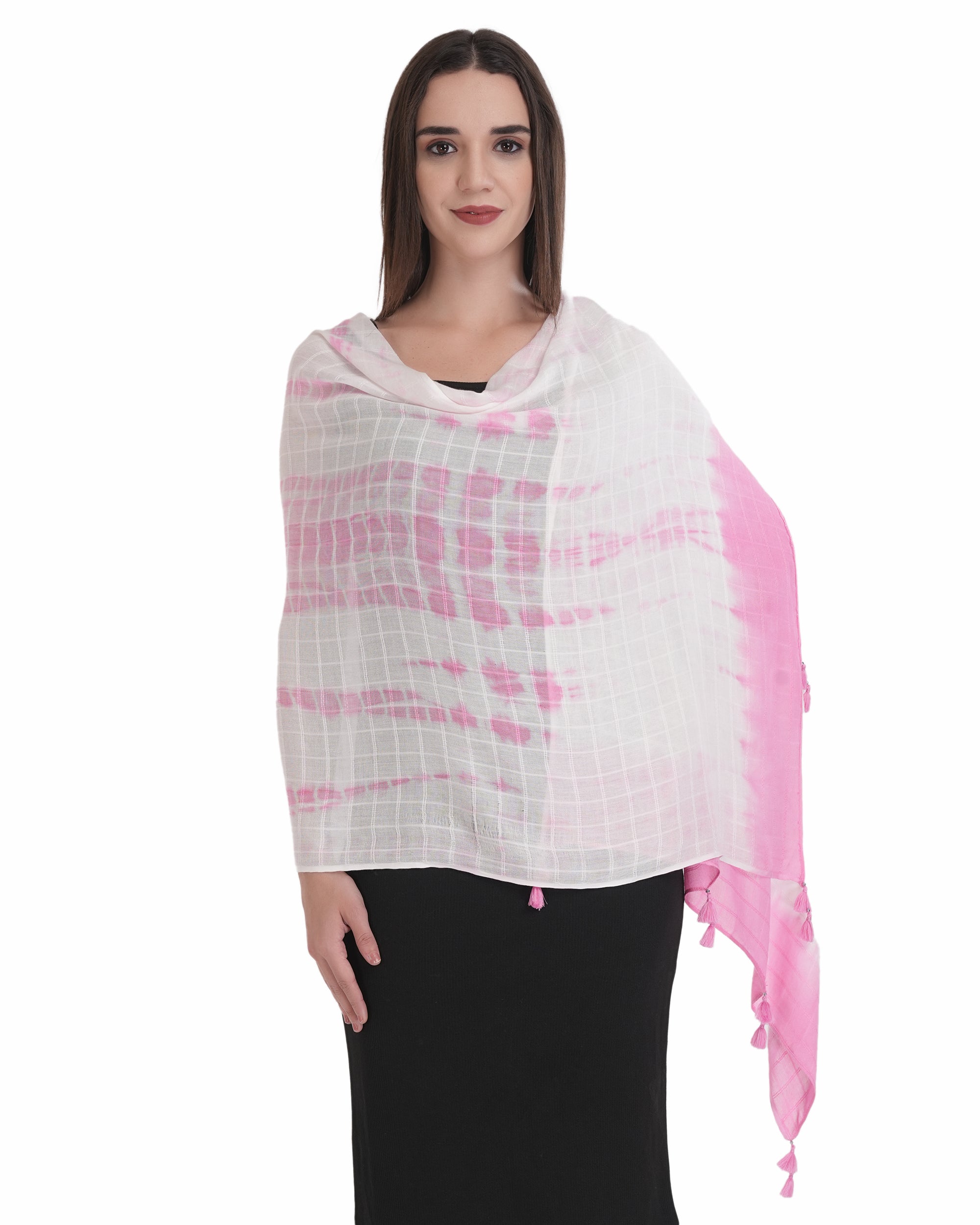 Soft Pink & White Tie-Dye Tassel Scarf