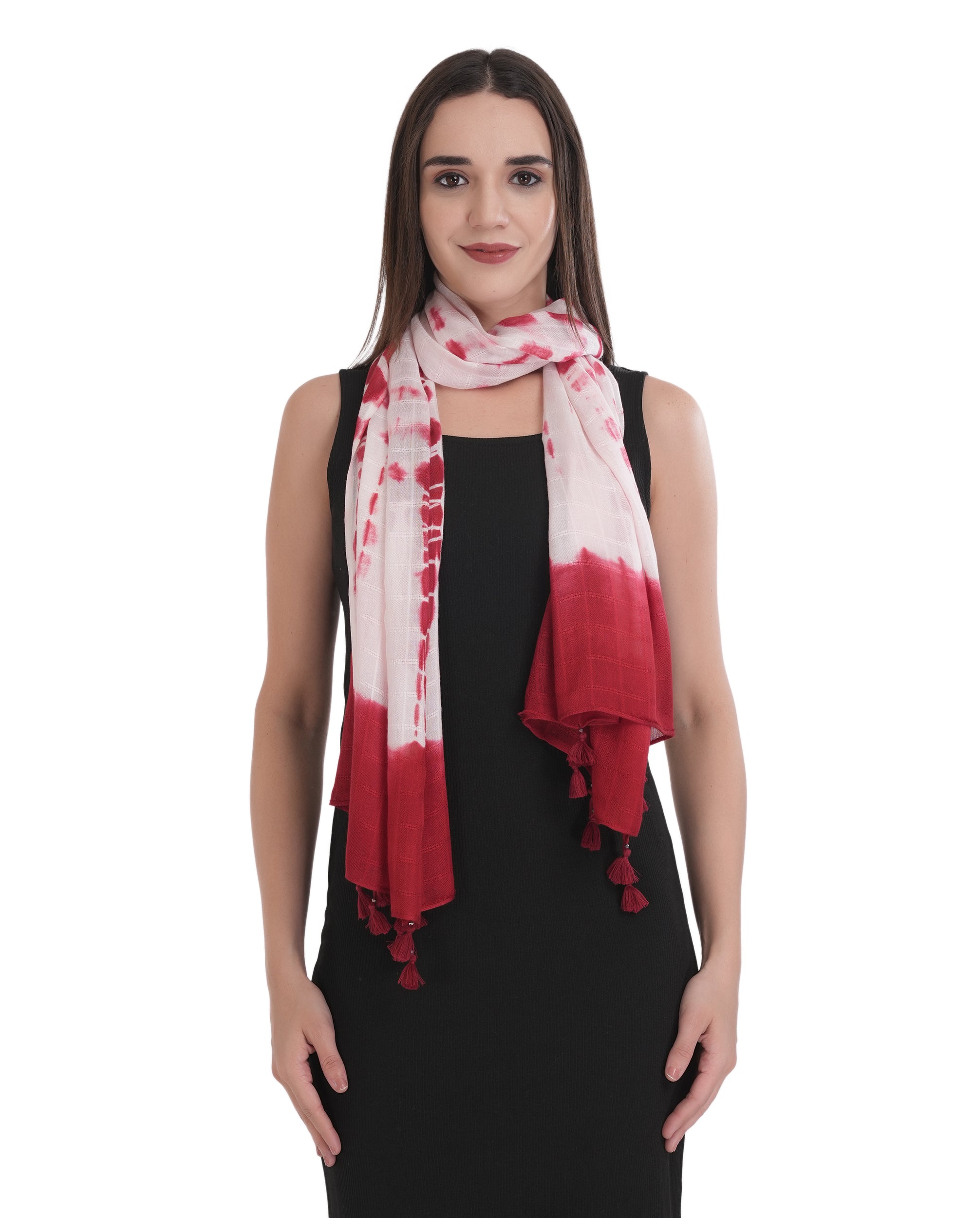 Red & White Tie-Dye Scarf with Tassels