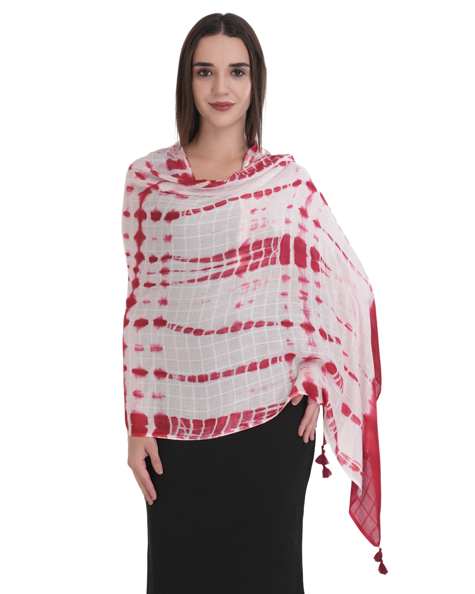 Red & White Tie-Dye Scarf with Tassels