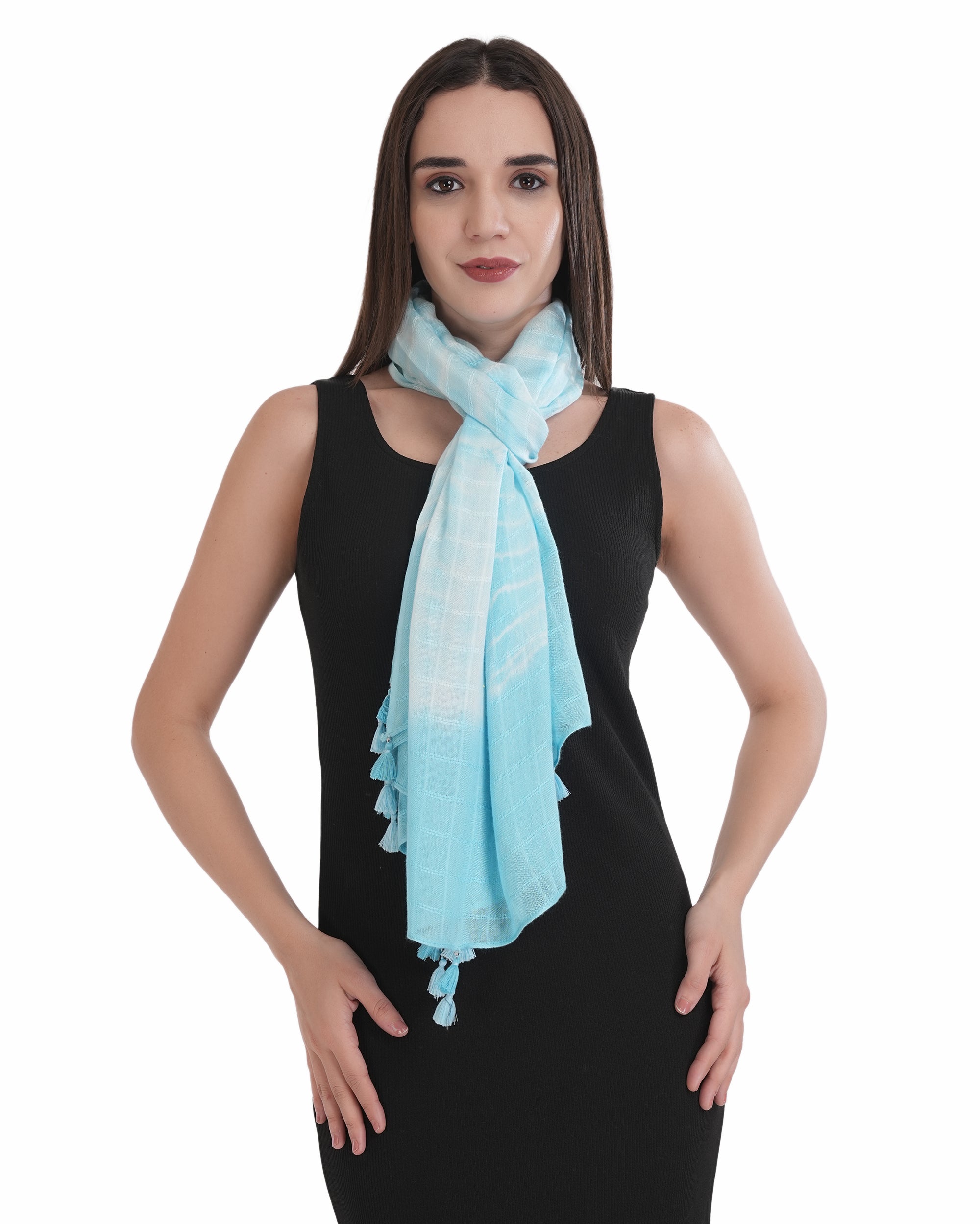 Elegant Sky Blue Tie-Dye Tassel Scarf