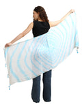 Women’s White & Aqua Tie-Dye Lightweight Scarf with Tassels