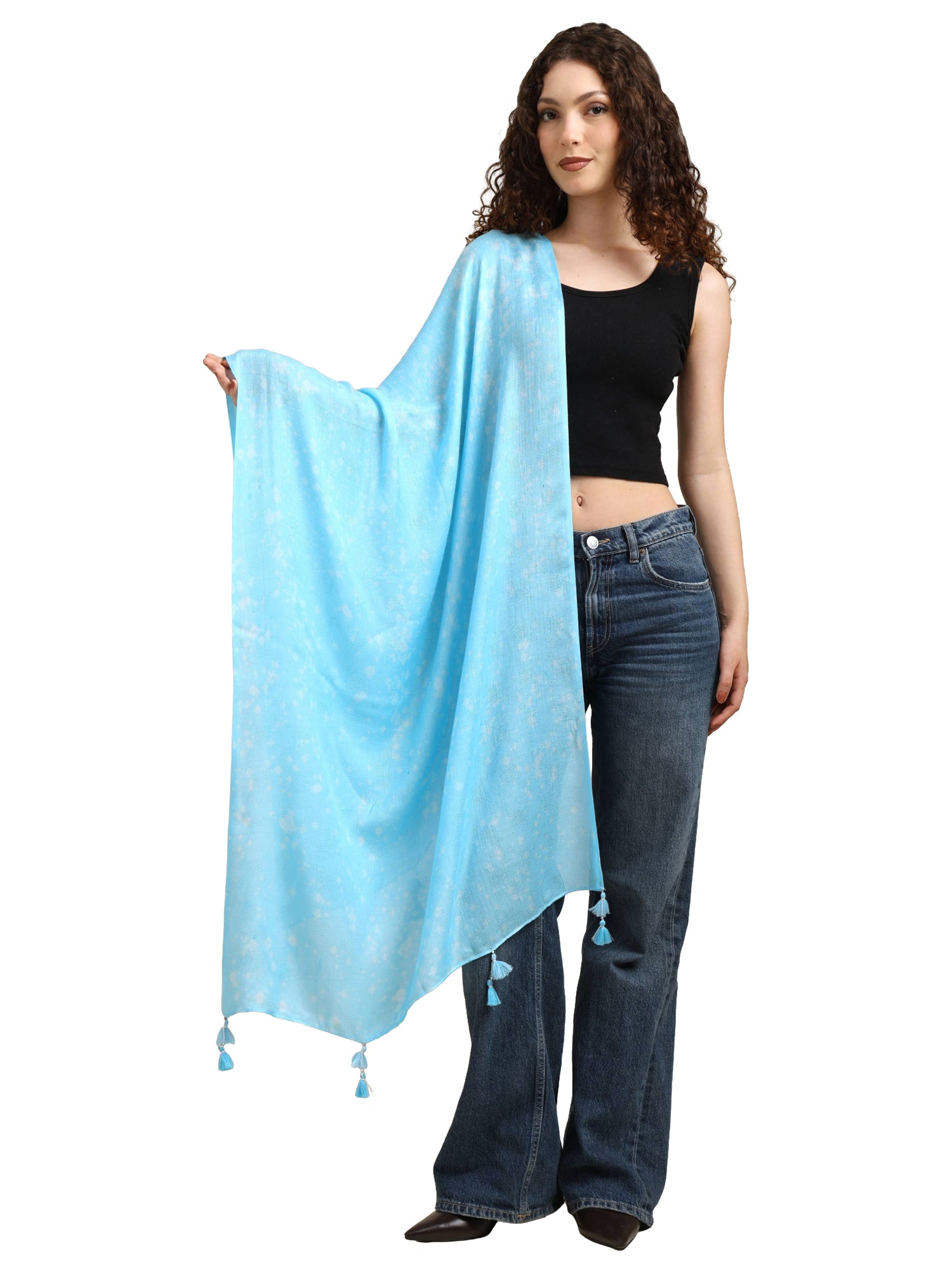 Women’s Elegant Sky Blue Lightweight Scarf with Tassels