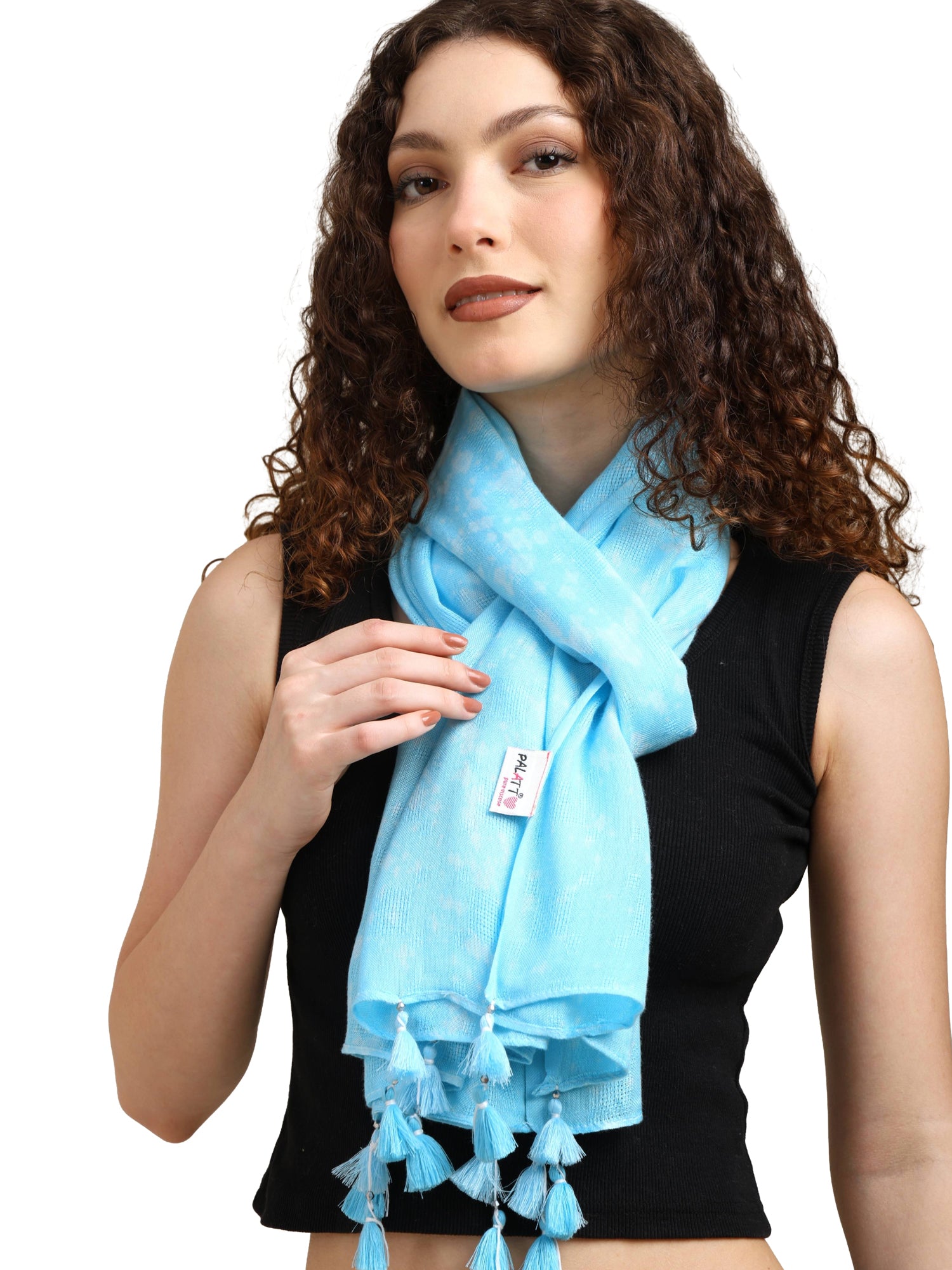 Women’s Elegant Sky Blue Lightweight Scarf with Tassels