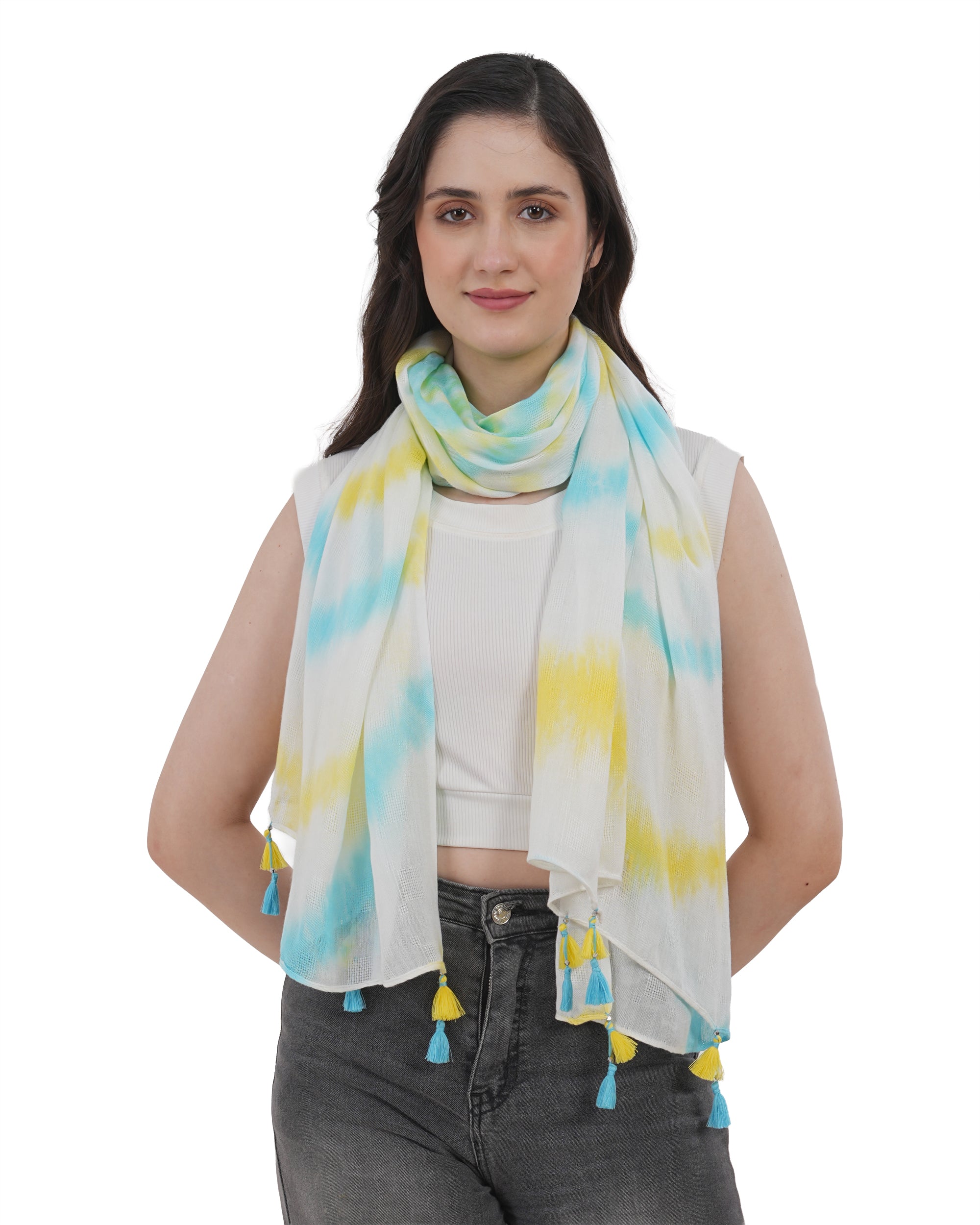 Sun-Kissed Sky Tie-Dye Cotton Scarf in Yellow, Cyan, and White