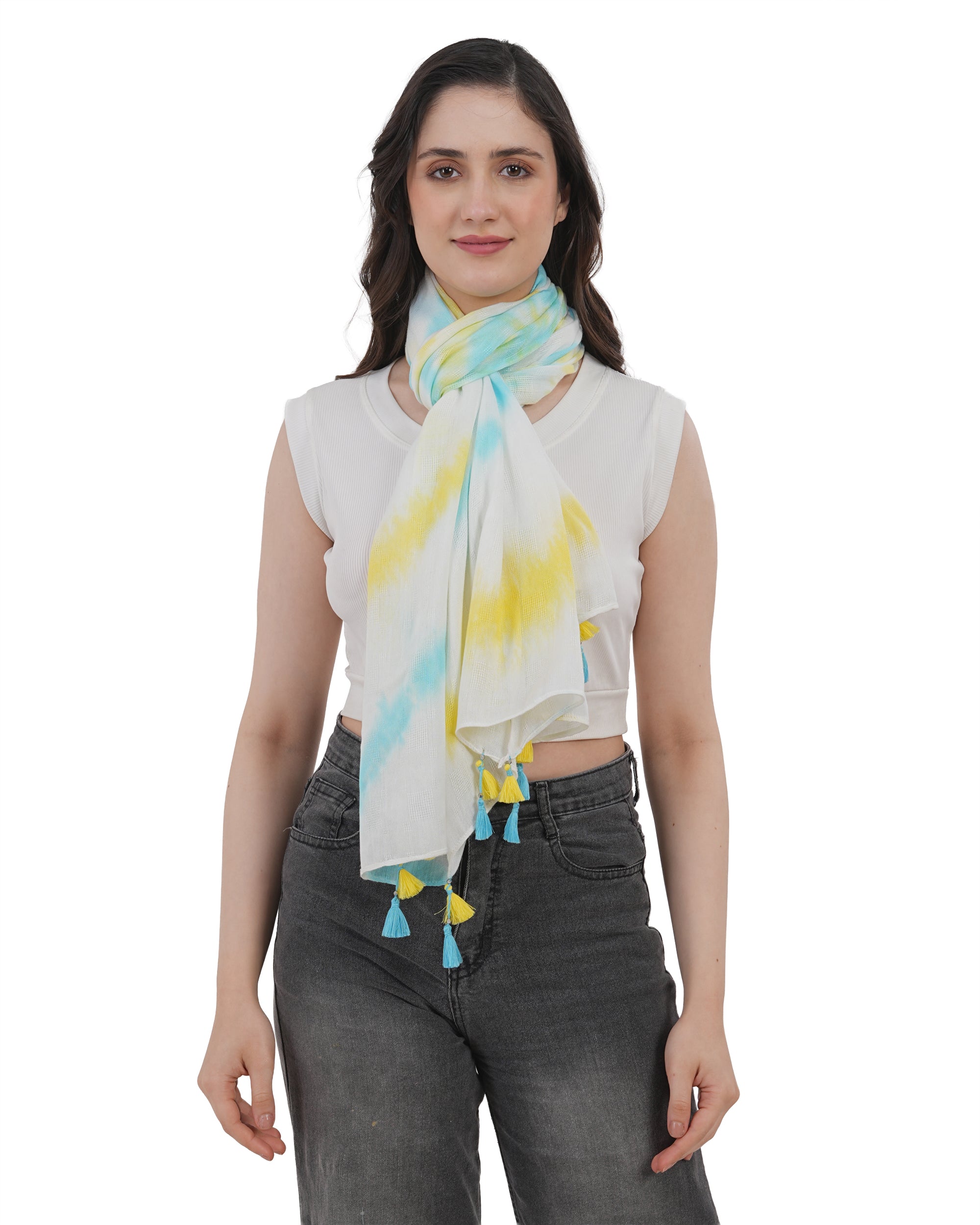 Sun-Kissed Sky Tie-Dye Cotton Scarf in Yellow, Cyan, and White