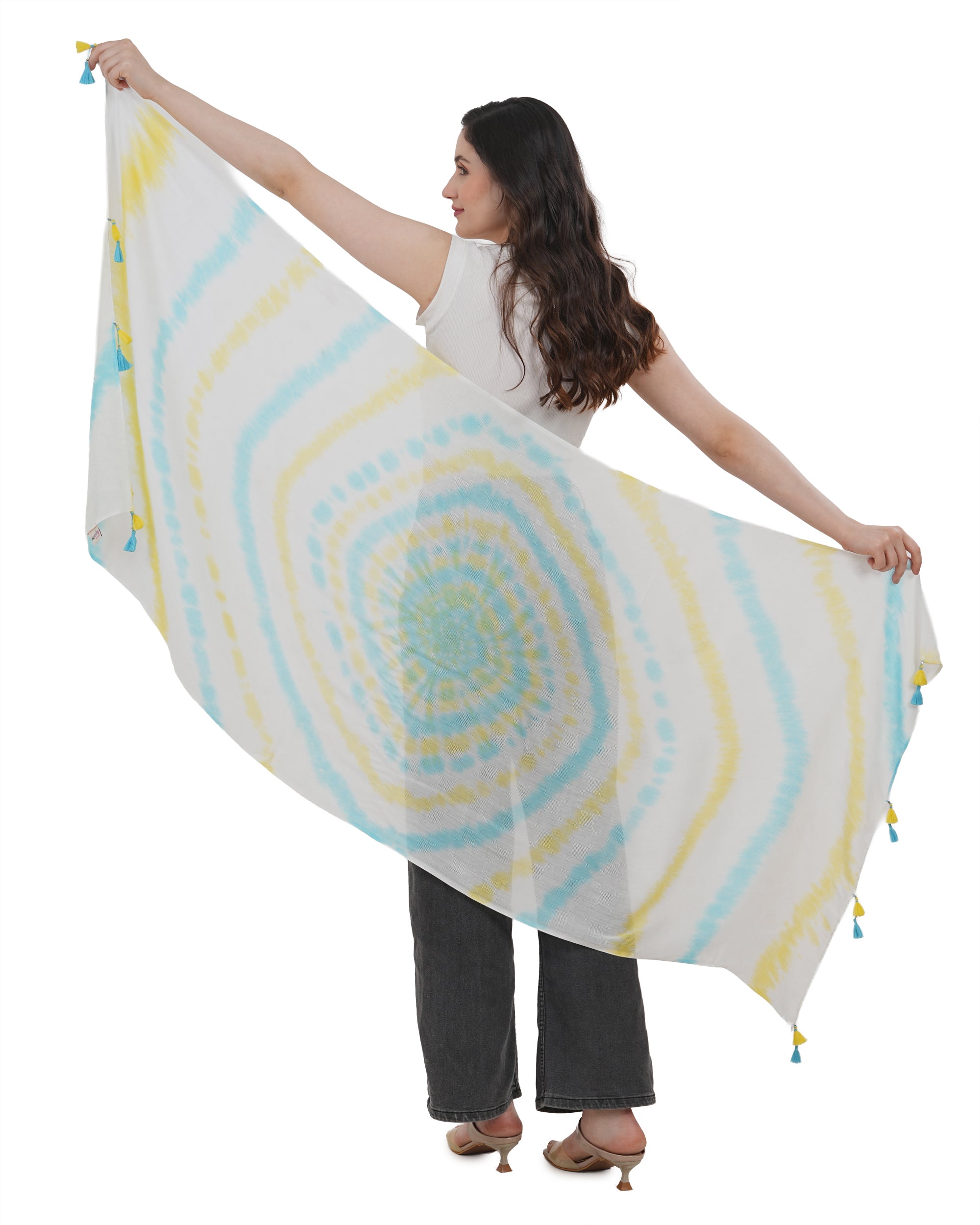 Sun-Kissed Sky Tie-Dye Cotton Scarf in Yellow, Cyan, and White