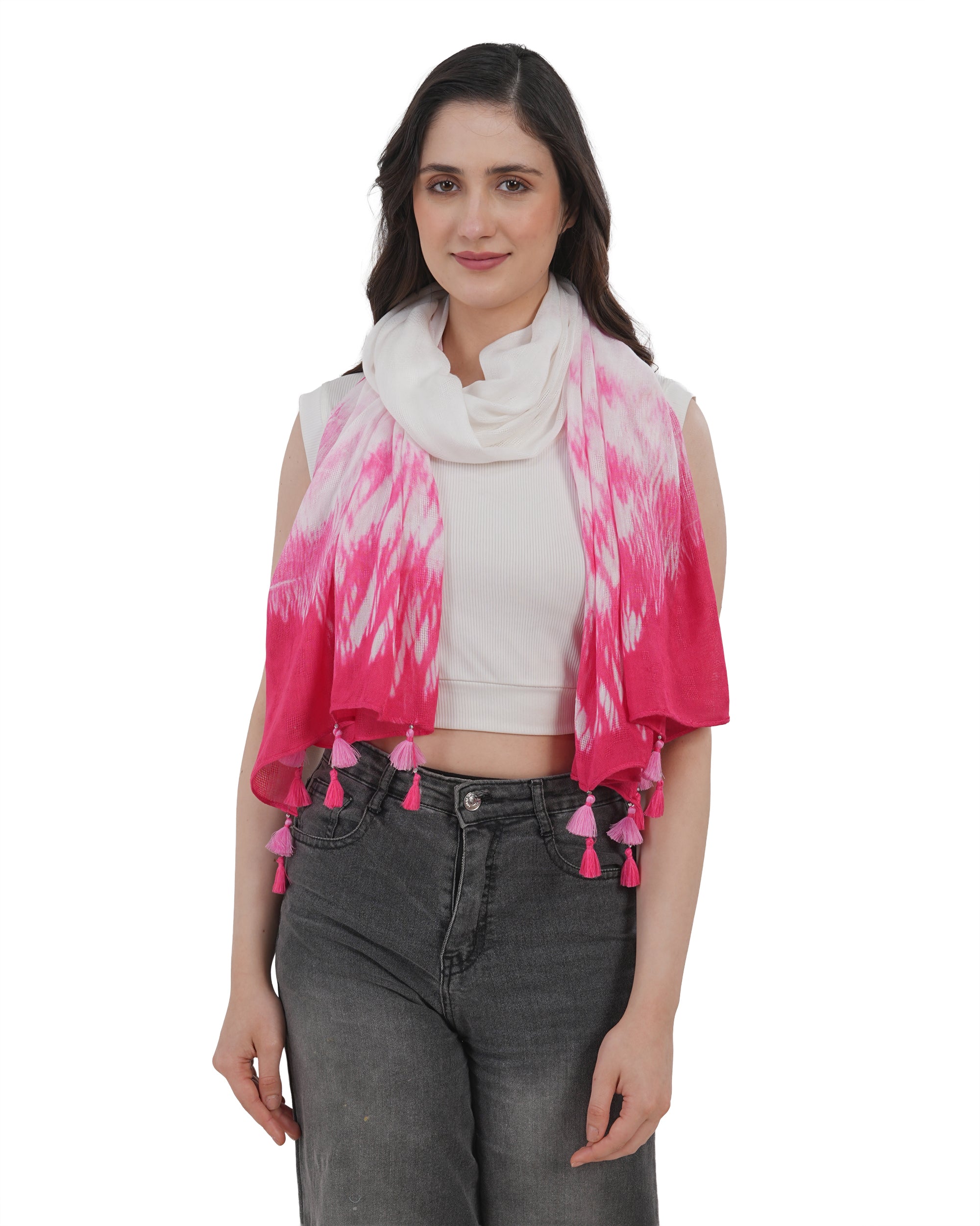 Vibrant Ombre Tie-Dye Cotton Scarf in Fuchsia and White