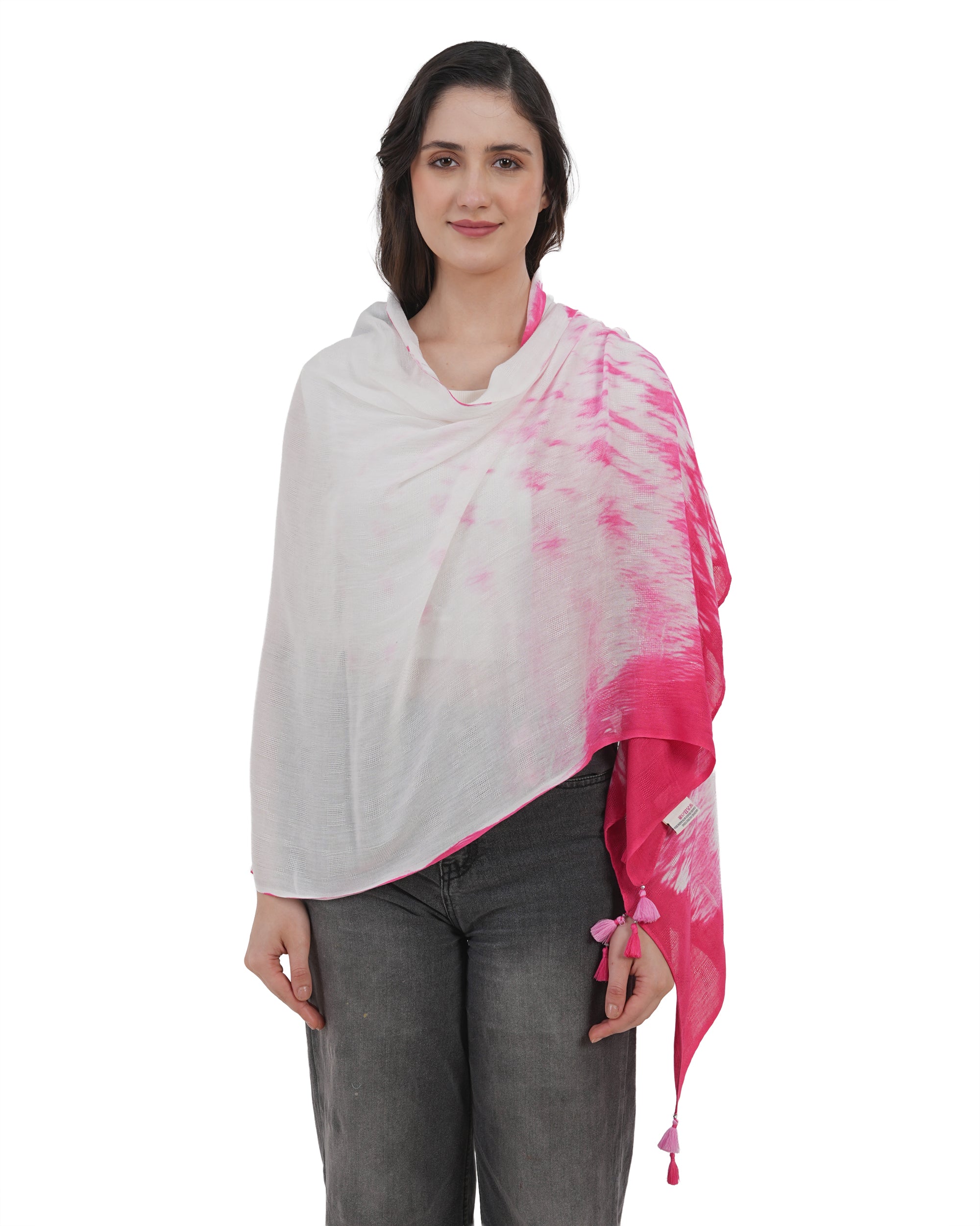 Vibrant Ombre Tie-Dye Cotton Scarf in Fuchsia and White