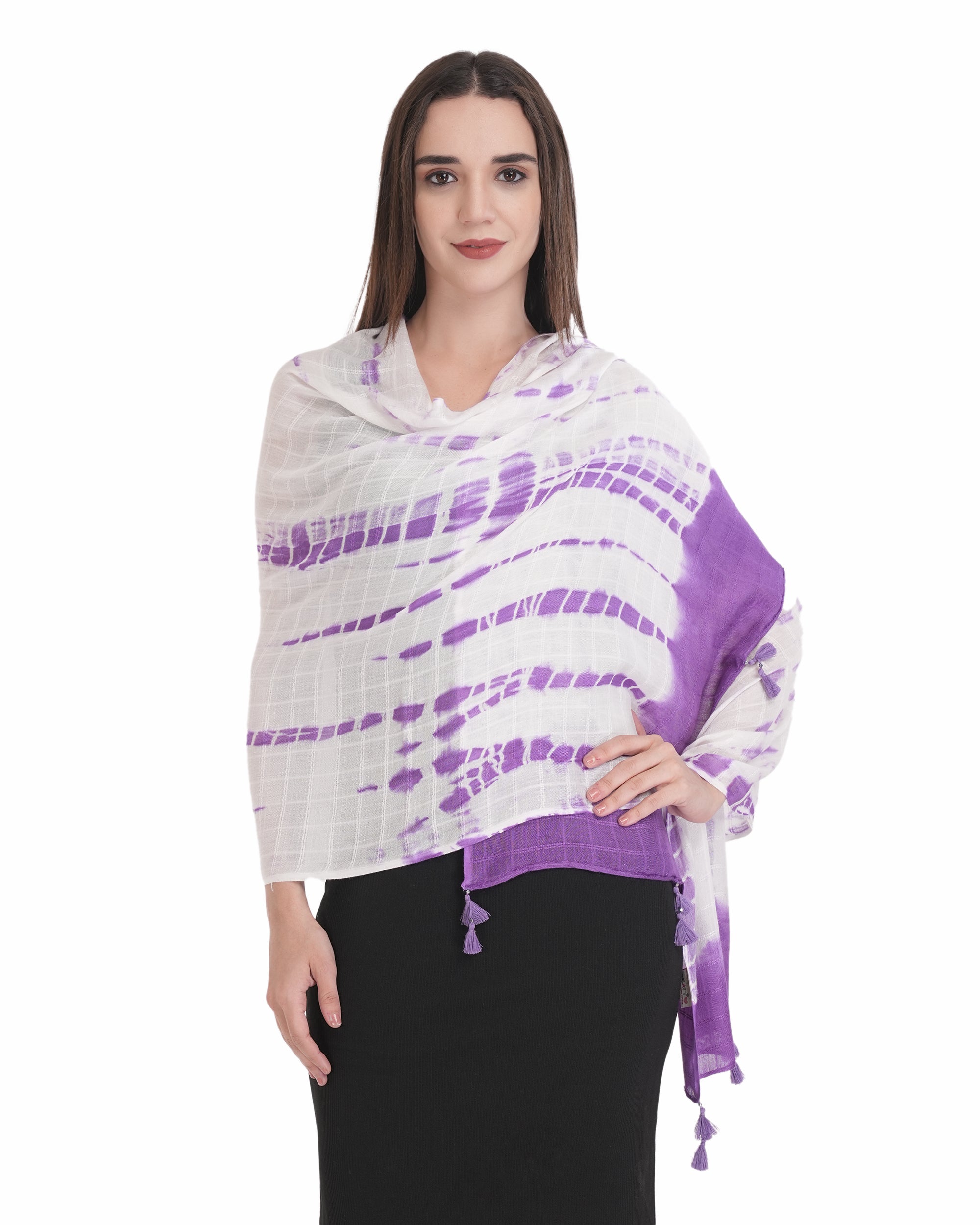 Elegant White & Purple Tie-Dye Cotton Scarf