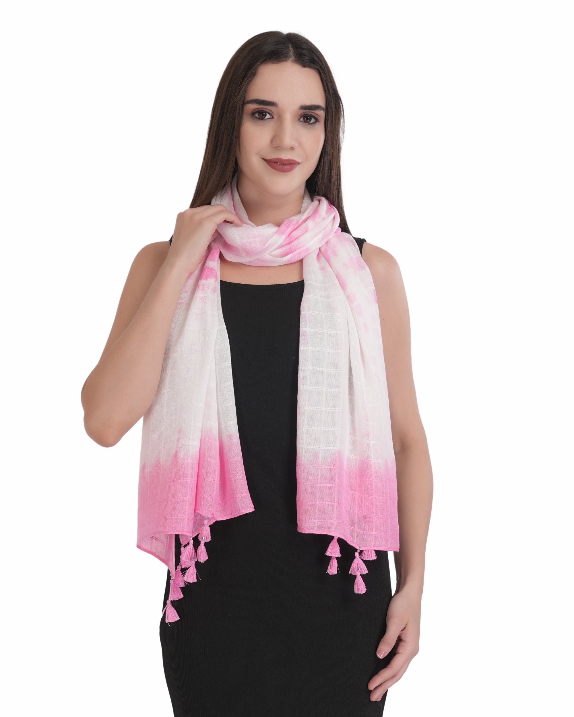 Soft Pink & White Tie-Dye Tassel Scarf