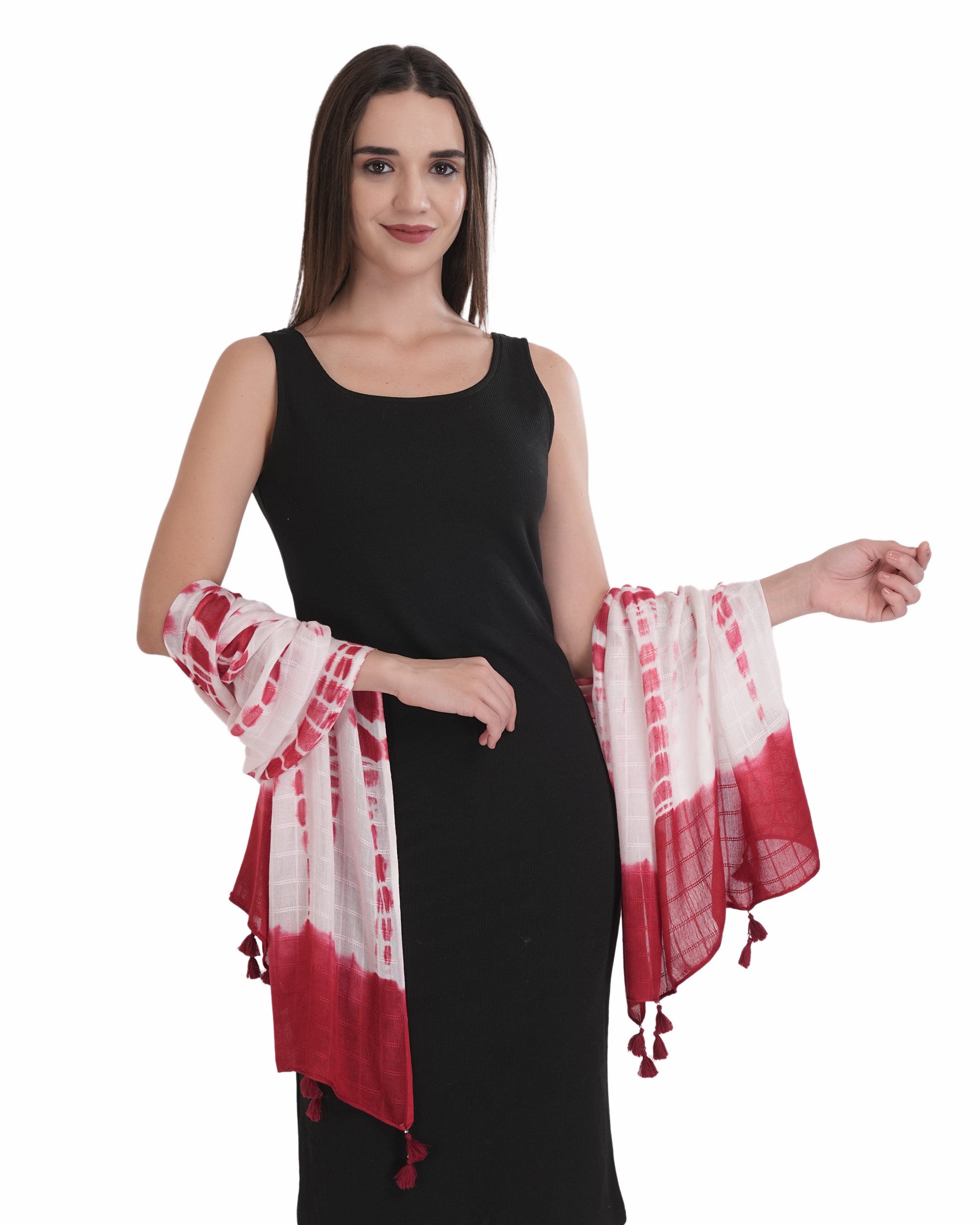 Red & White Tie-Dye Scarf with Tassels
