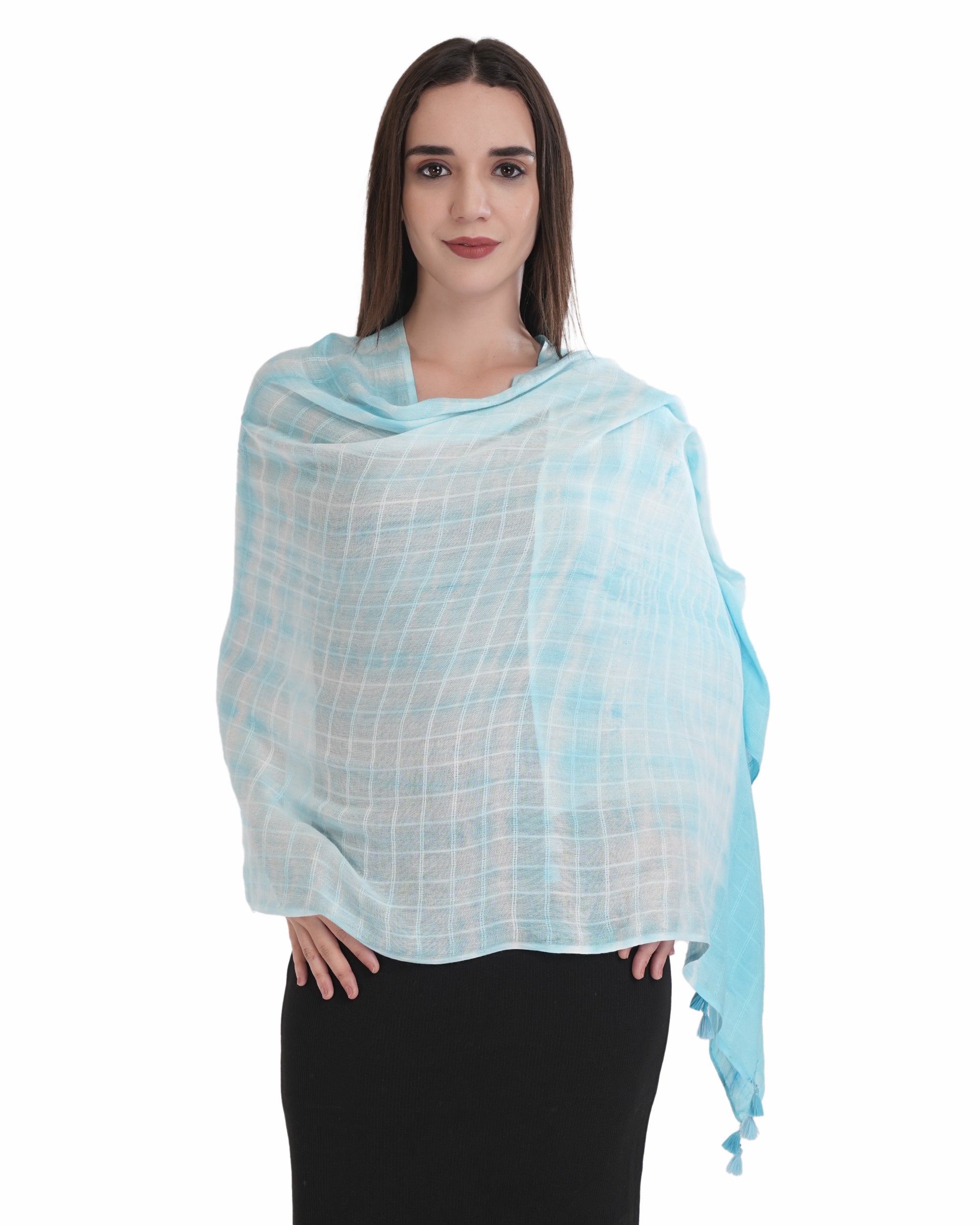 Elegant Sky Blue Tie-Dye Tassel Scarf